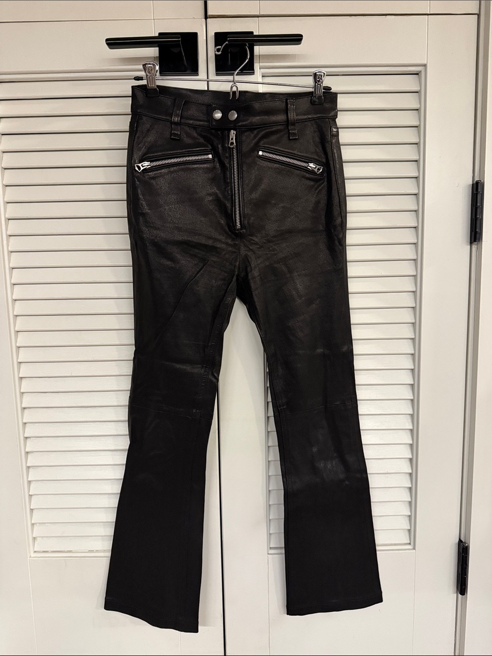 rag & bone Black Leather Flare Bootcut Jeans with Zip Pockets